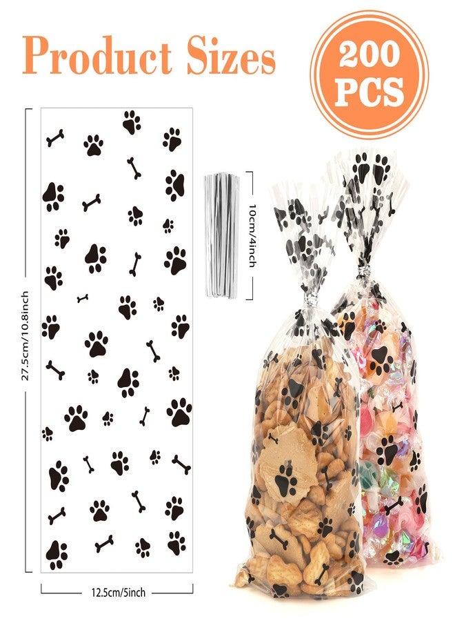 BOEIAC 200 PCS Pet Paw Print Cellophane Bags, Dog Print Cellophane Treat Bags, Dog Treat Bag, Plastic Candy Cookie Gift Bag with 200 Silver Twist Ties for Dogs Birthday Party Favors Decorations, Black - Image 2